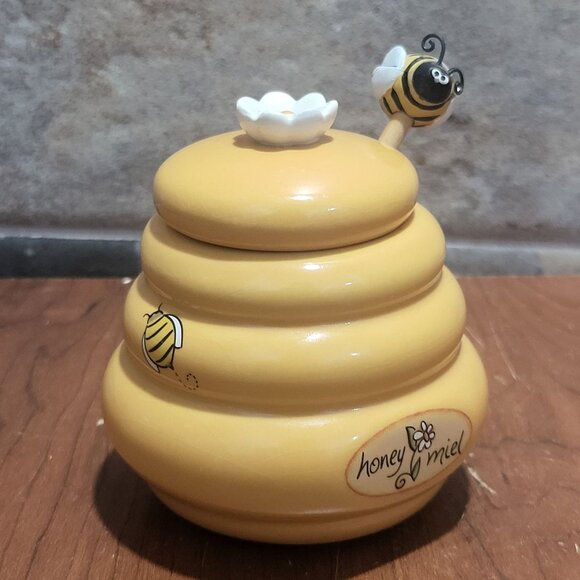 Honey Miel Beehive Honey Pot Daisy Lid Handle Bee Dipper - Picture 10 of 11